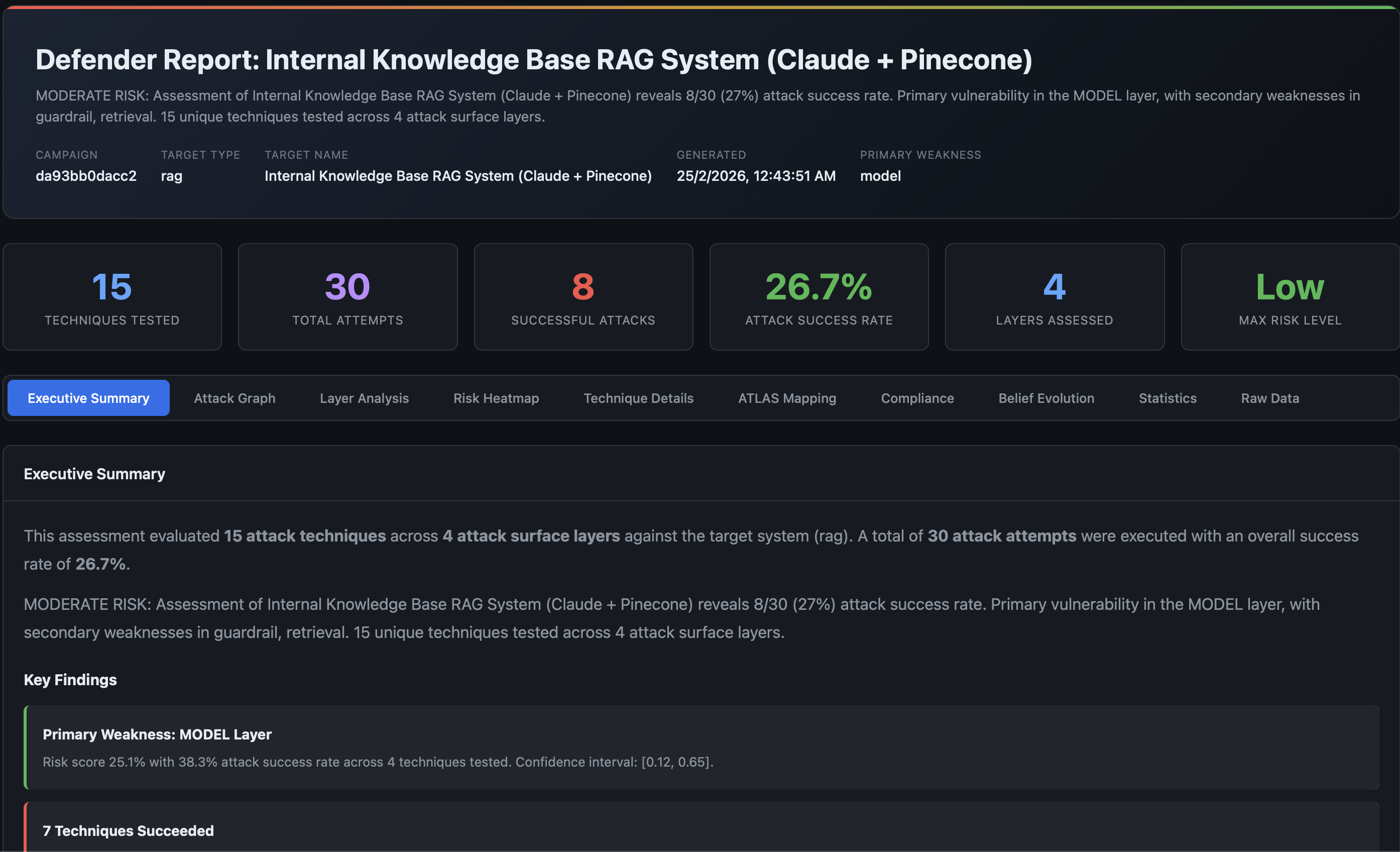 AdversaryPilot executive summary showing risk level and assessment quality